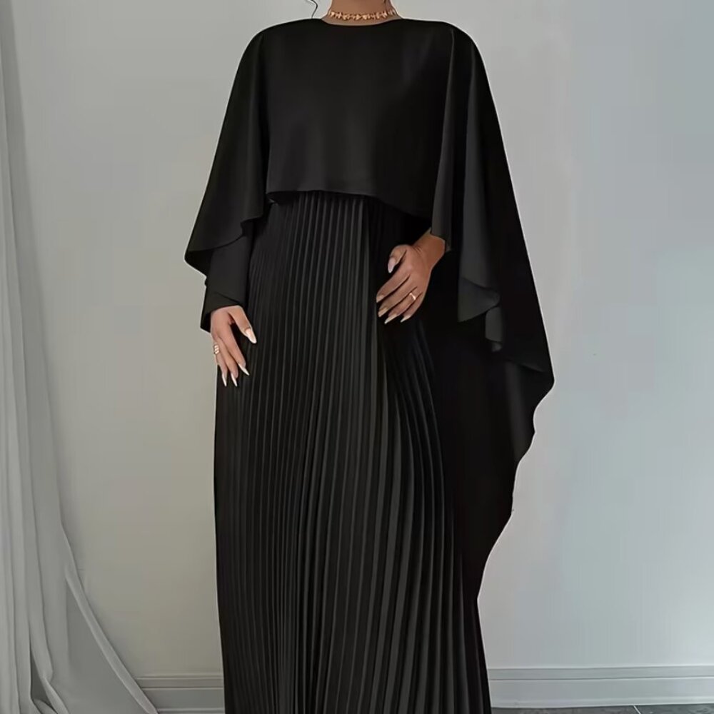 Black Long Full Length Maxi Pleated Modest Cape Dress Women’s‎ Size Medium